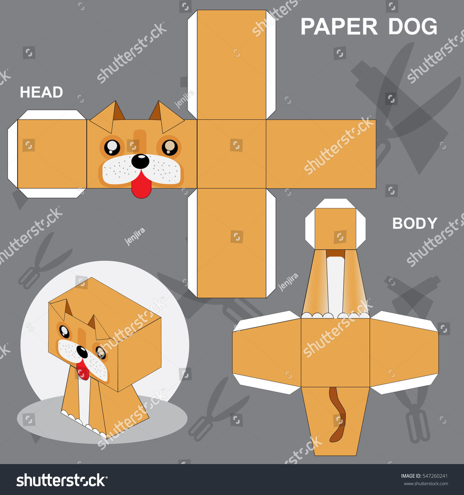 vektor-stok-dog-paper-craft-template-tanpa-royalti-547260241