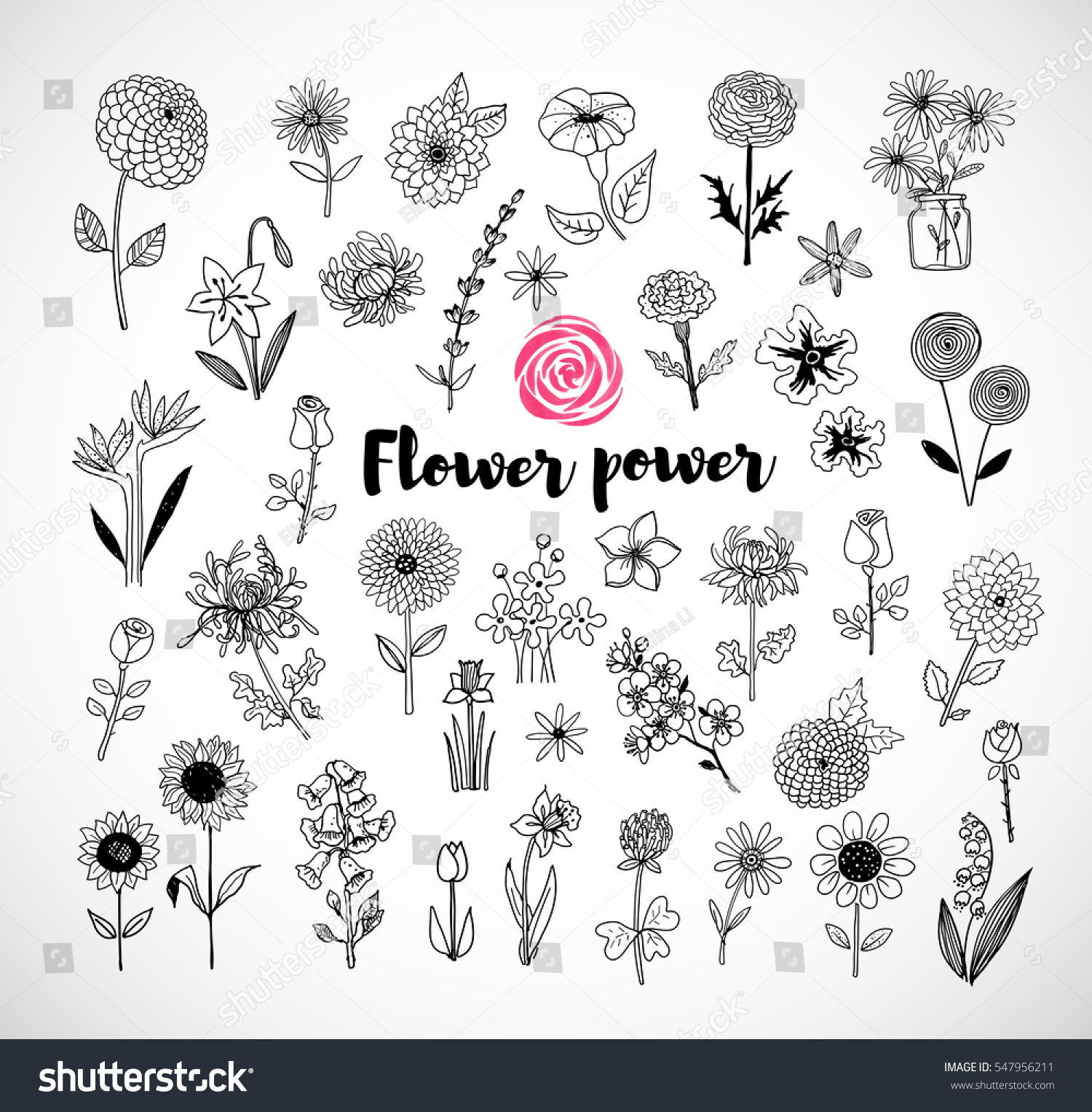 Set Doodle Sketch Flowers On White Stock Vector (Royalty Free ...