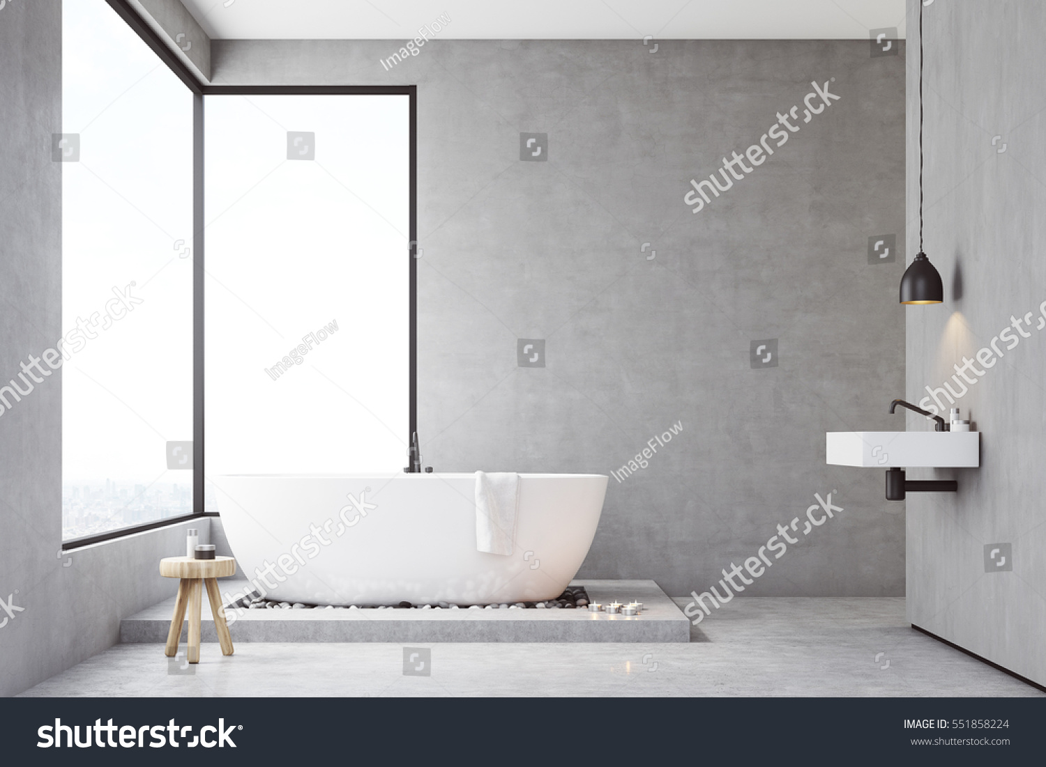 Bathroom Interior Concrete Walls Panoramic Windows Stock Illustration ...