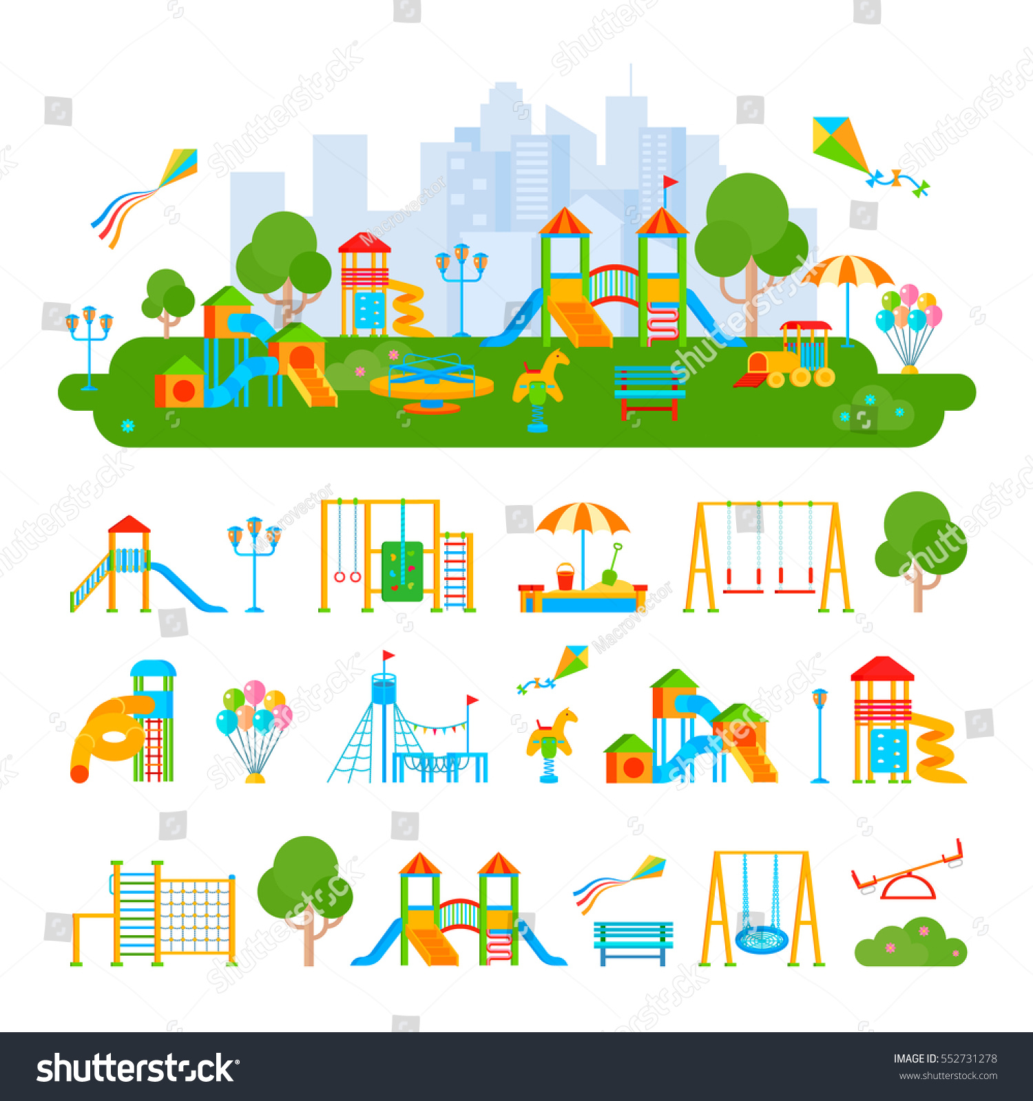 Composition Flat Playground Scenery Isolated Elements Stock Vector ...