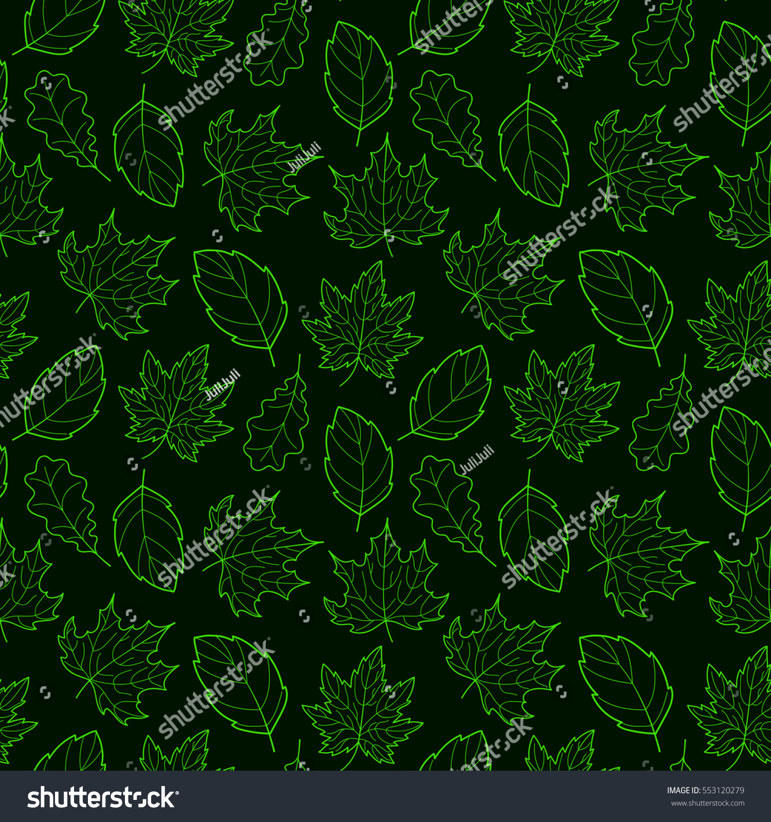 Doodle Leaves Seamless Pattern Dark Vector Stock Vector Royalty Free