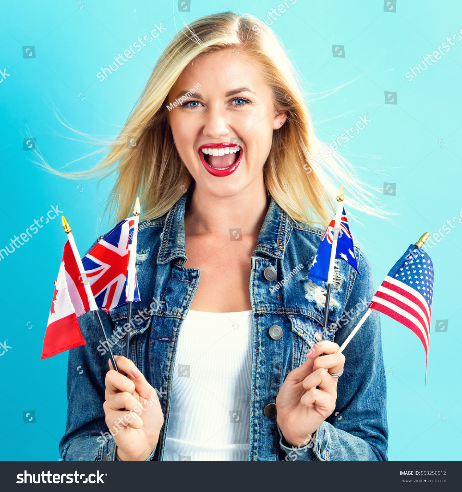 Young Woman Flags English Speaking Countries Stock Photo 553250512 ...