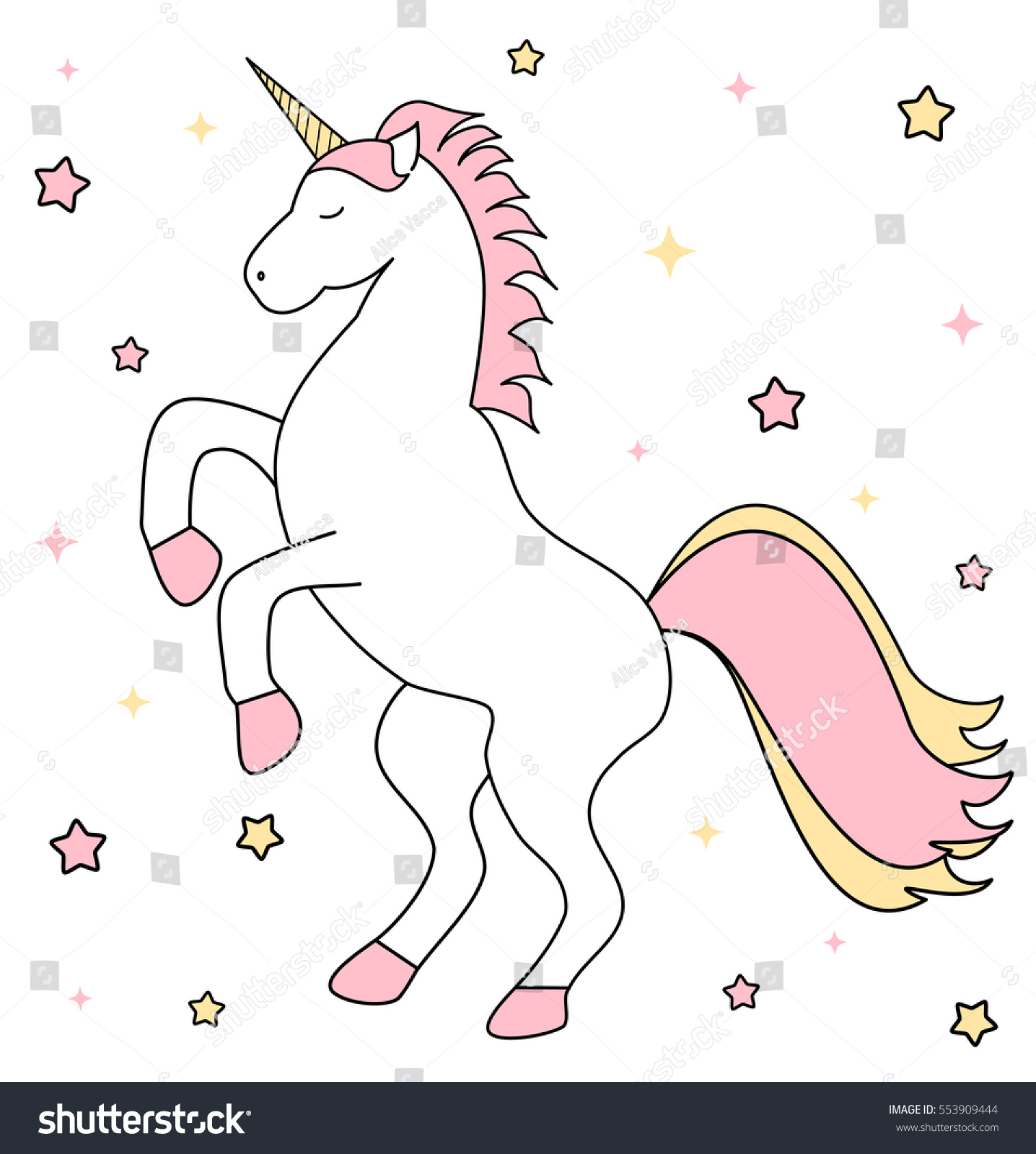 Cute Cartoon Unicorn Pink Yellow Stars Stock Vector (Royalty Free ...