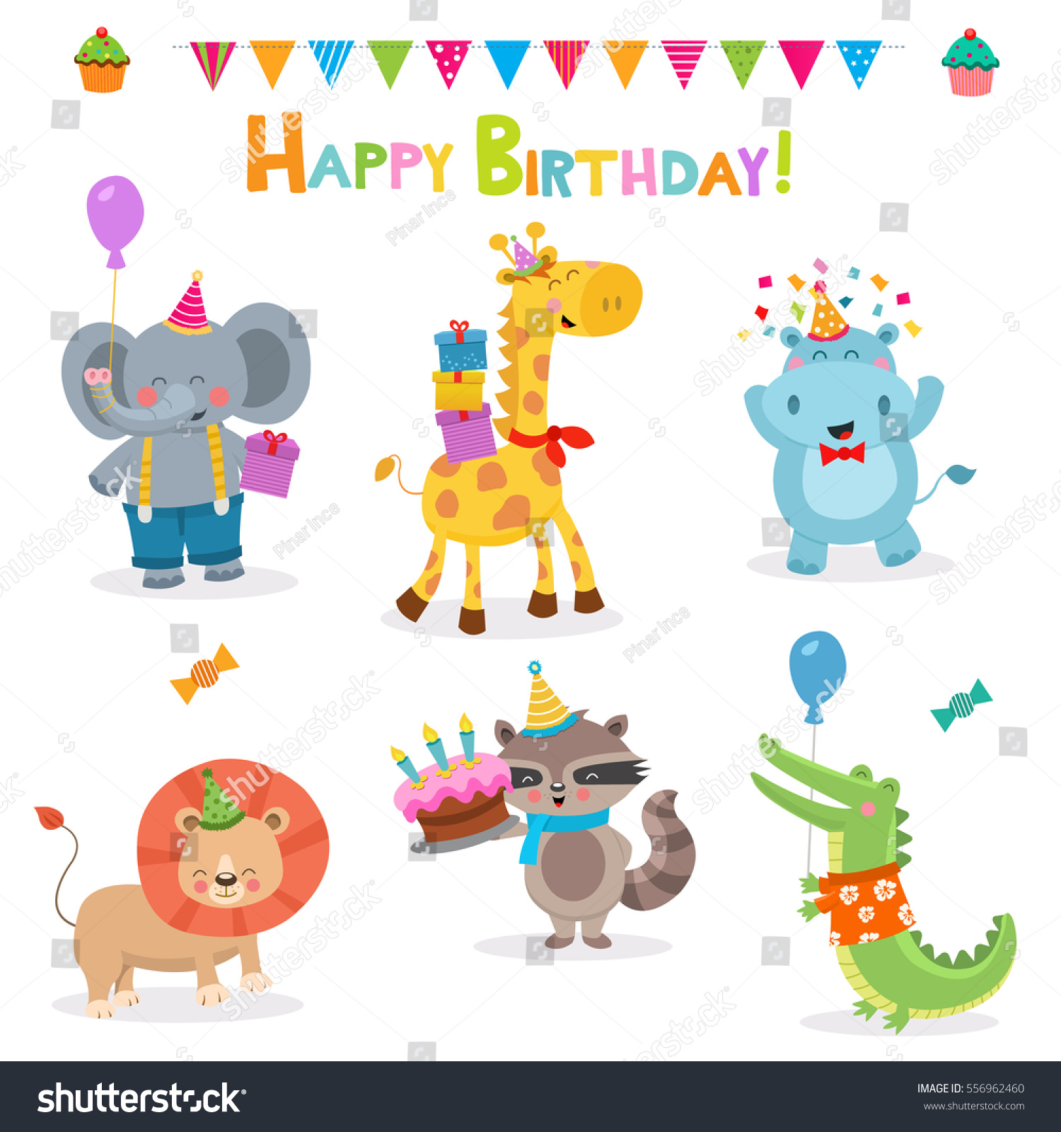 Collection Cute Little Animals Celebrating Birthday Stock Vector ...