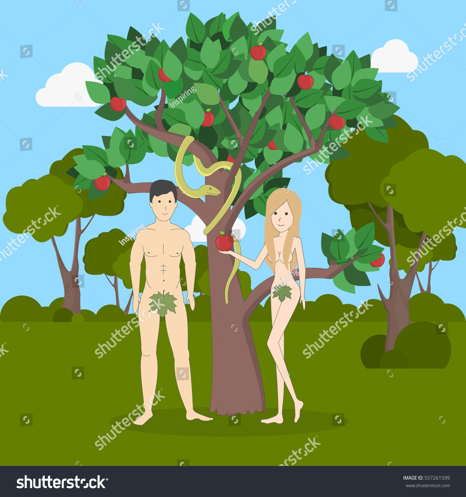 Adam Eve Near Apple Tree Snake: Vector có sẵn (miễn phí bản quyền) 55726159...
