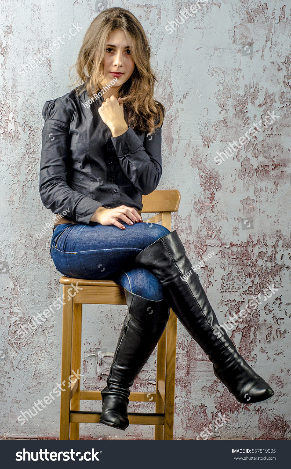 Young Girl Jeans High Boots Black Stock Photo 557819005 | Shutterstock