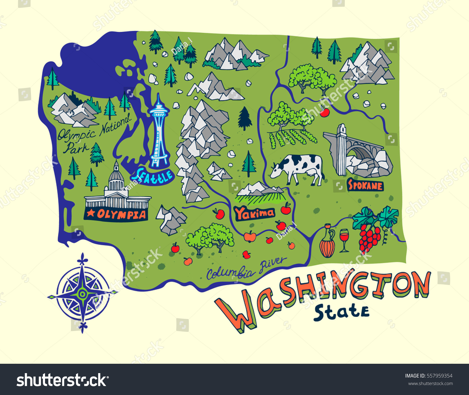 Cartoon Map Washington State Travel Attractions Stock Vector Royalty Free 557959354 Shutterstock 3195