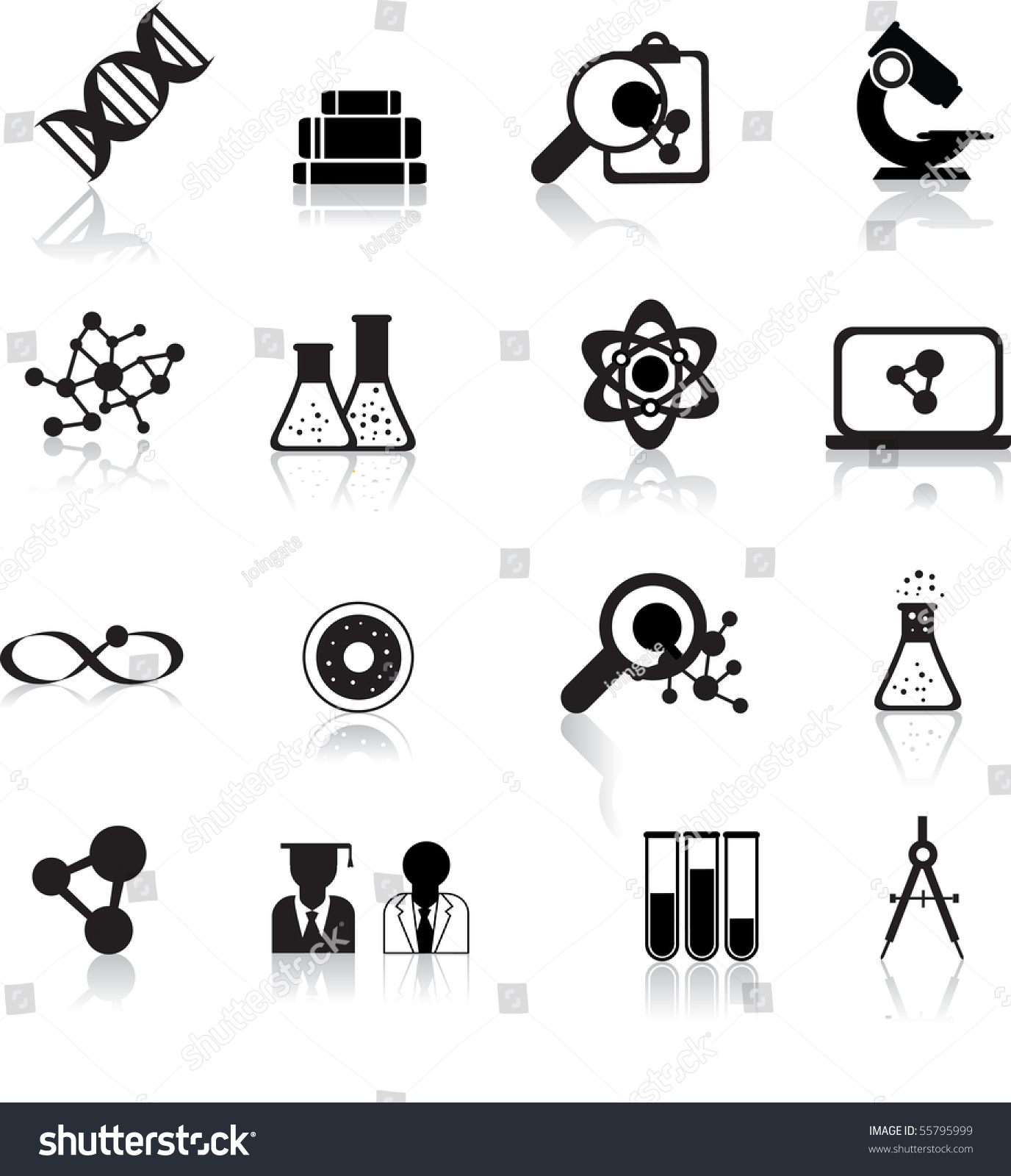 Set Black Scientofic Silhouette Icons Reflection Stock Vector (Royalty ...