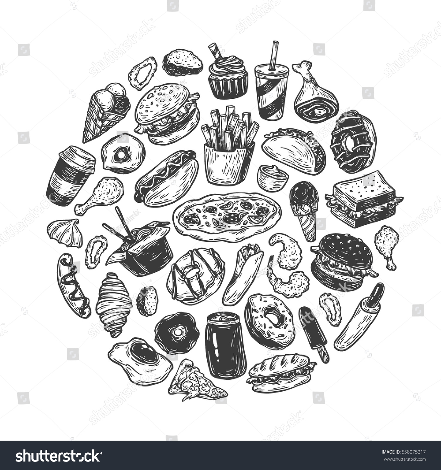 Hand Drawn Vector Fast Food Elements Stock Vector (Royalty Free ...