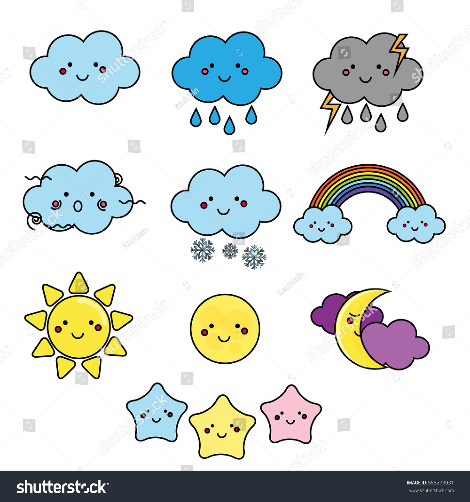 Cute Weather Sky Elements Kawaii Moon Stock Vector (Royalty Free ...