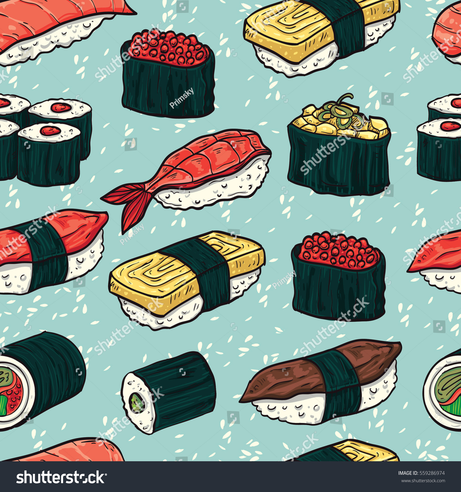 Sushi Seamless Pattern Colorful Illustration Different Stock Vector ...