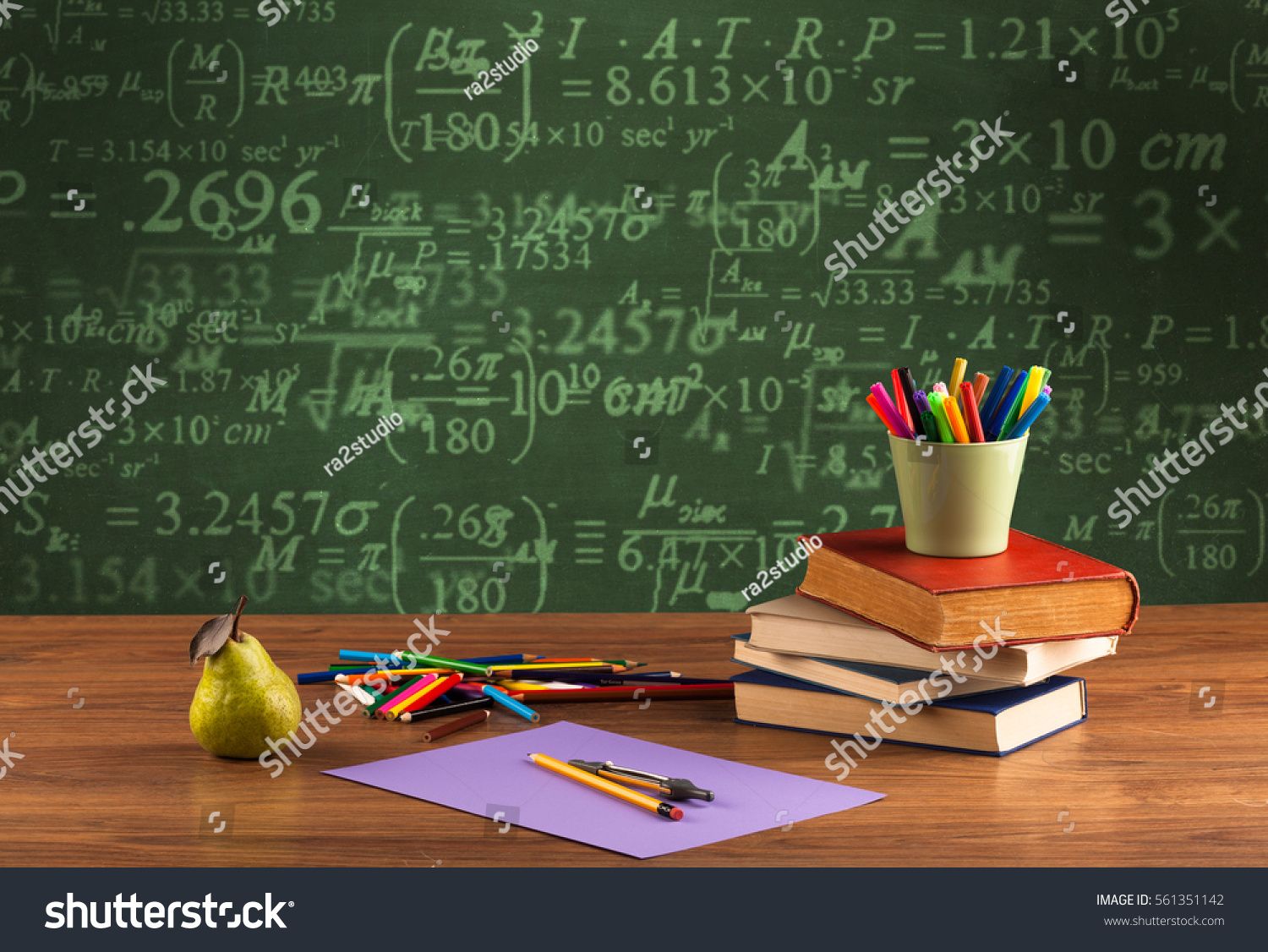 Stuffed School Desk Green Blackboard Background Stock Photo 561351142 ...