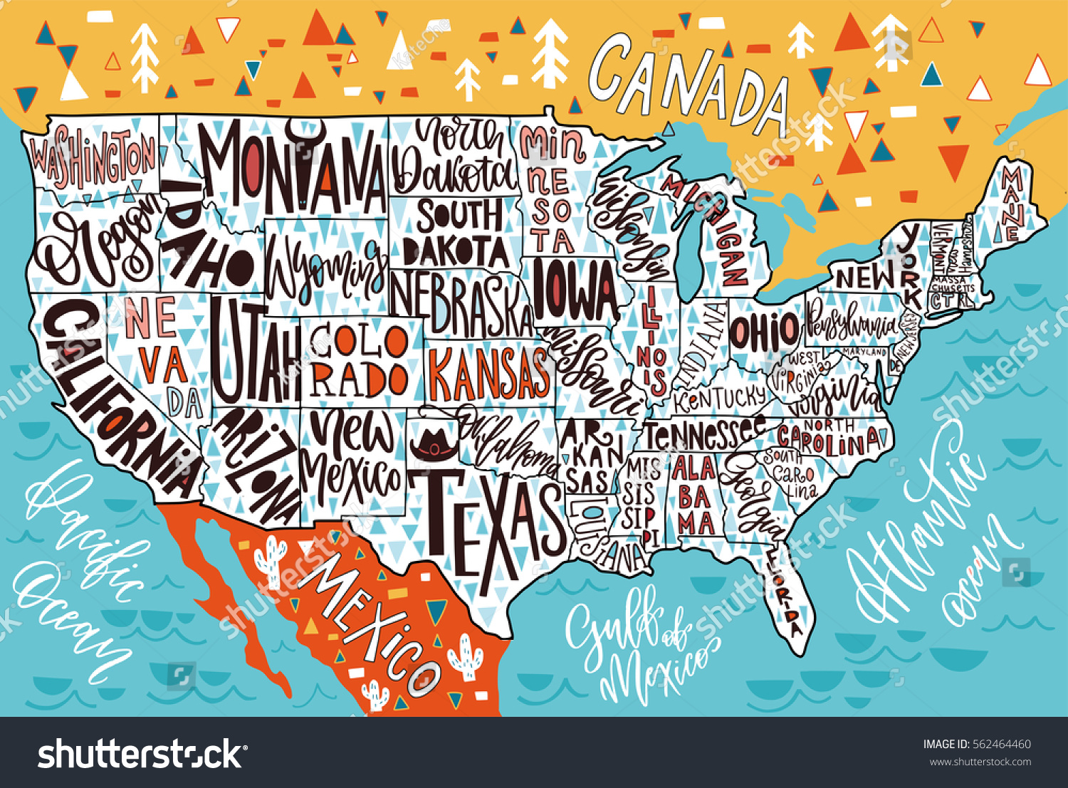 Usa Map States Pictorial Geographical Poster Stock Vector (Royalty Free ...