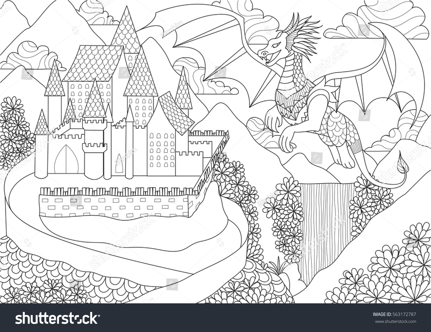 Dragon Flying Above Beatiful Castle On Stock Vector (Royalty Free ...