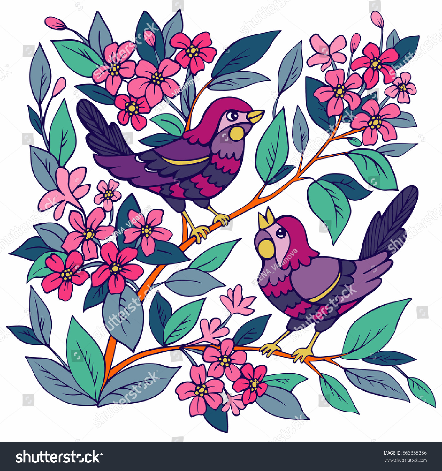 Vector Illustration Wild Little Birds Blooming Stock Vector (Royalty ...