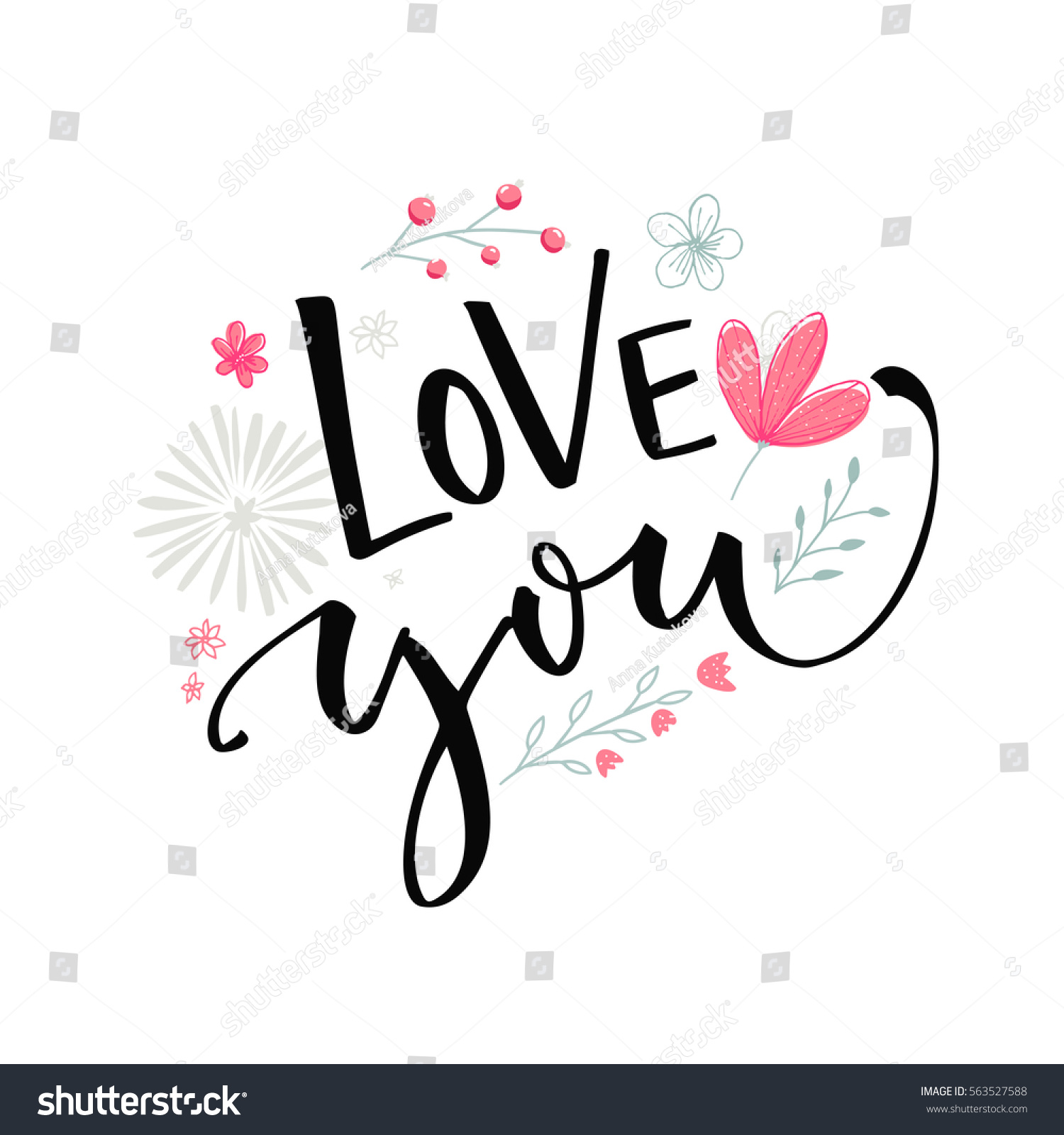 Love You Text Pink Flowers Branches Stock Vector (Royalty Free ...