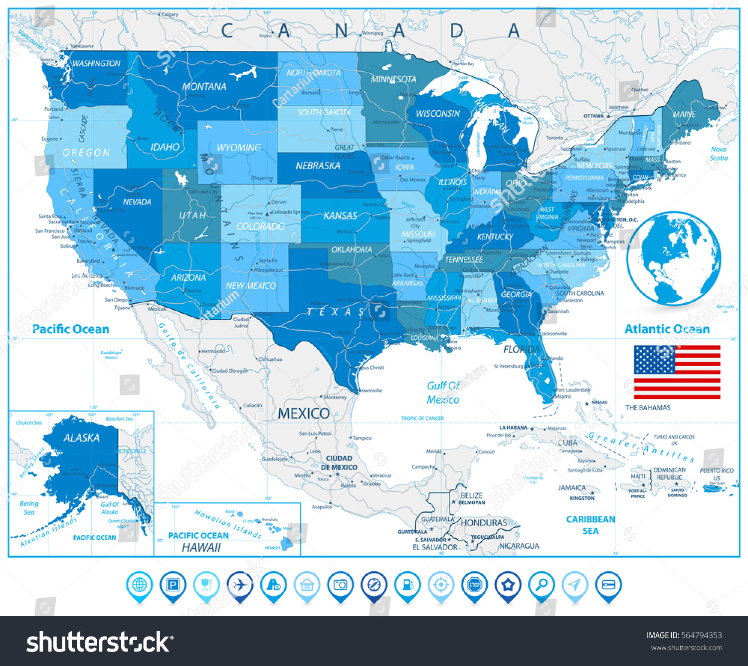 Usa Road Map Colors Blue Map Stock Vector (Royalty Free) 564794353 ...