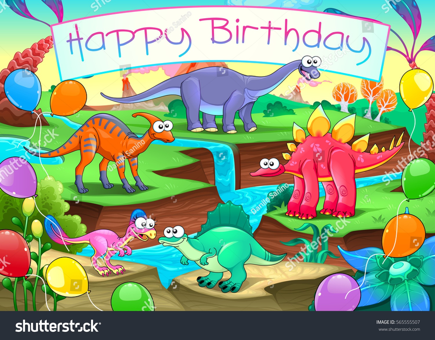 Happy Birthday Card Funny Dinosaurs Vector Stok Vektör (Telifsiz) 565555507...
