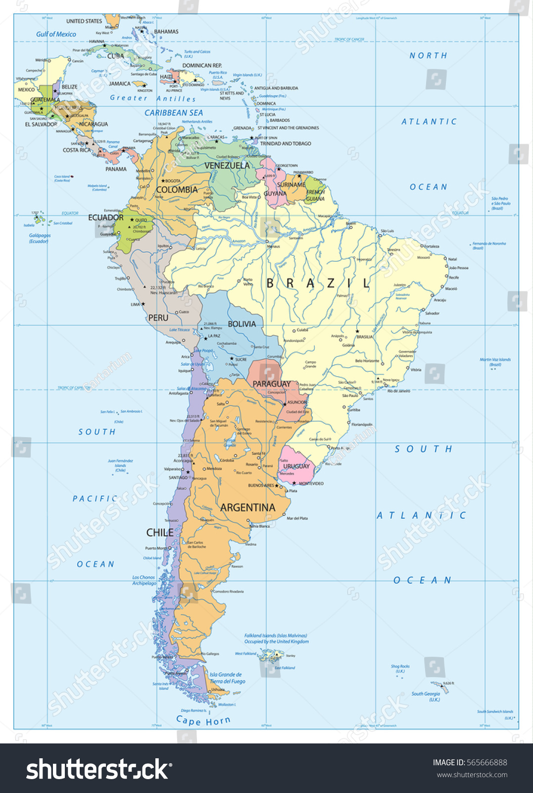 Political Map South America Lakes Rivers Stock Vector (Royalty Free ...