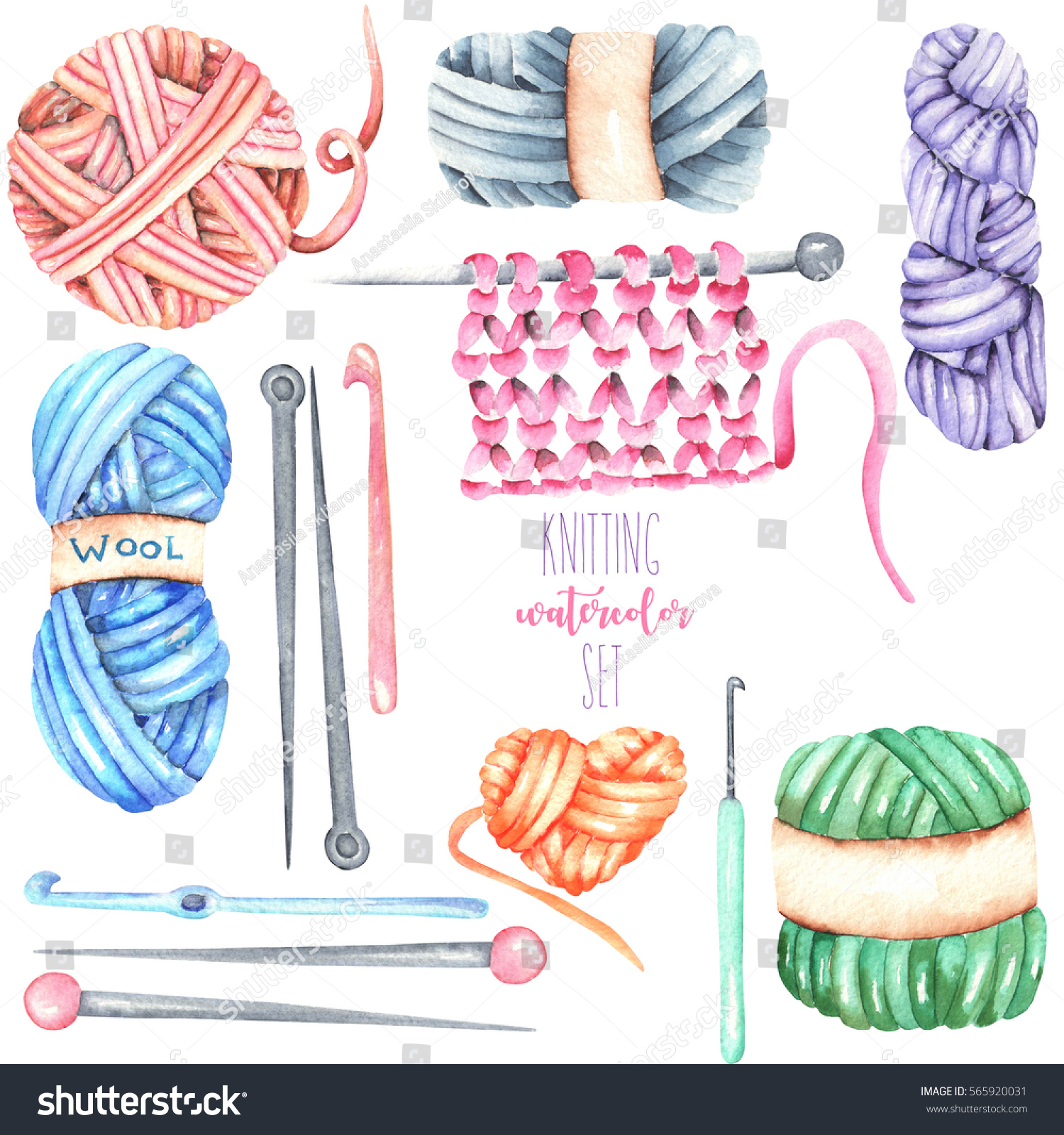 Set, Collection With Watercolor Knitting Elements: Yarn, Knitting