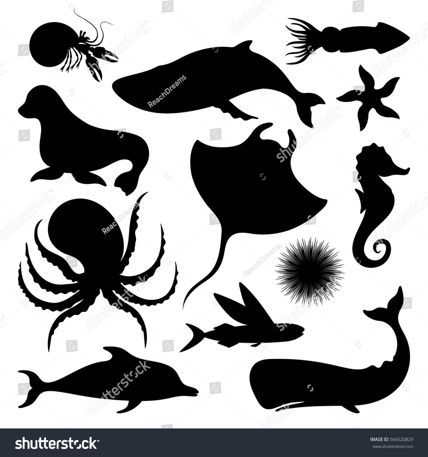 Silhouettes Fish Sea Animals Isolated Black Stock Vector (Royalty Free ...