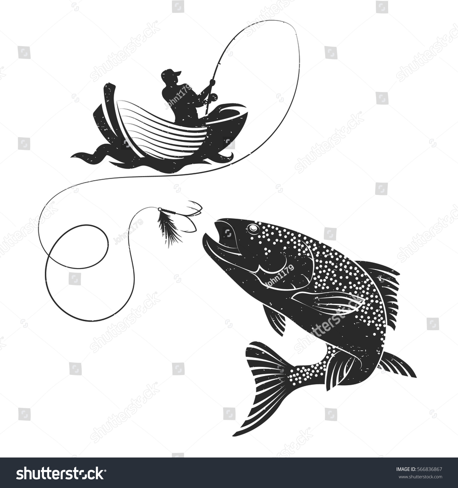 Fisherman Catches Salmon On Boat Silhouette Stock Vector (Royalty Free ...