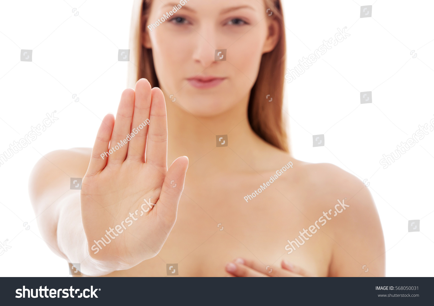 Beautiful Nude Woman Covering Her Breast Stock Photo
