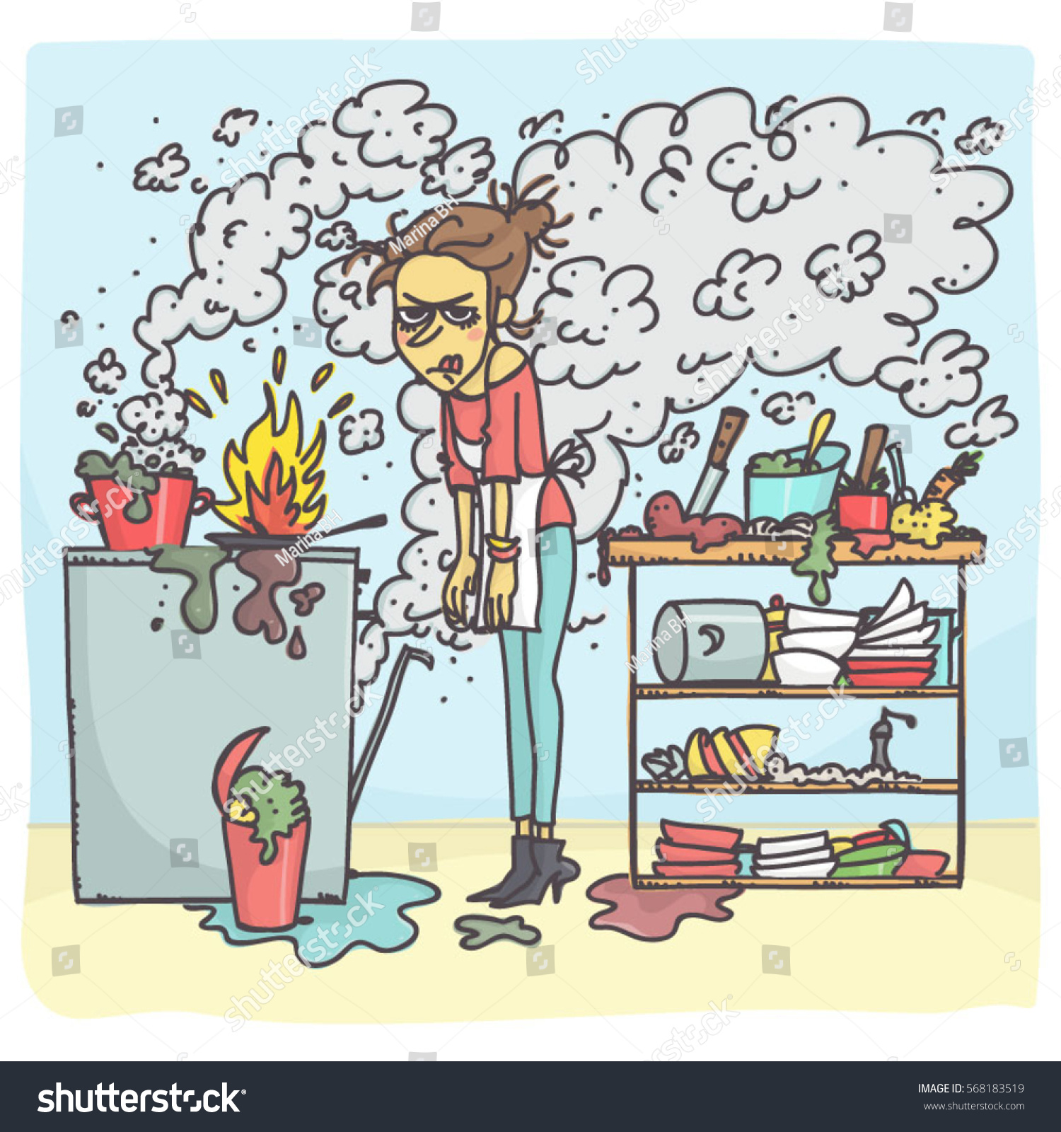Cartoon Illustration Stressed Woman Cooking Messy Stock Vector (Royalty Fre...