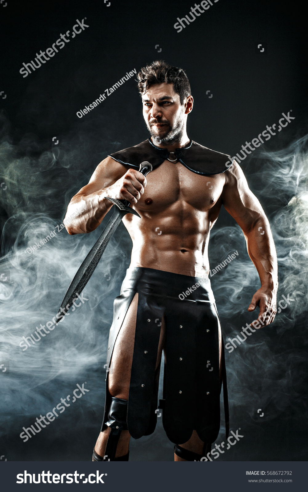 Portrait Handsome Muscular Gladiator Sword Studio Stock Photo Shutterstock