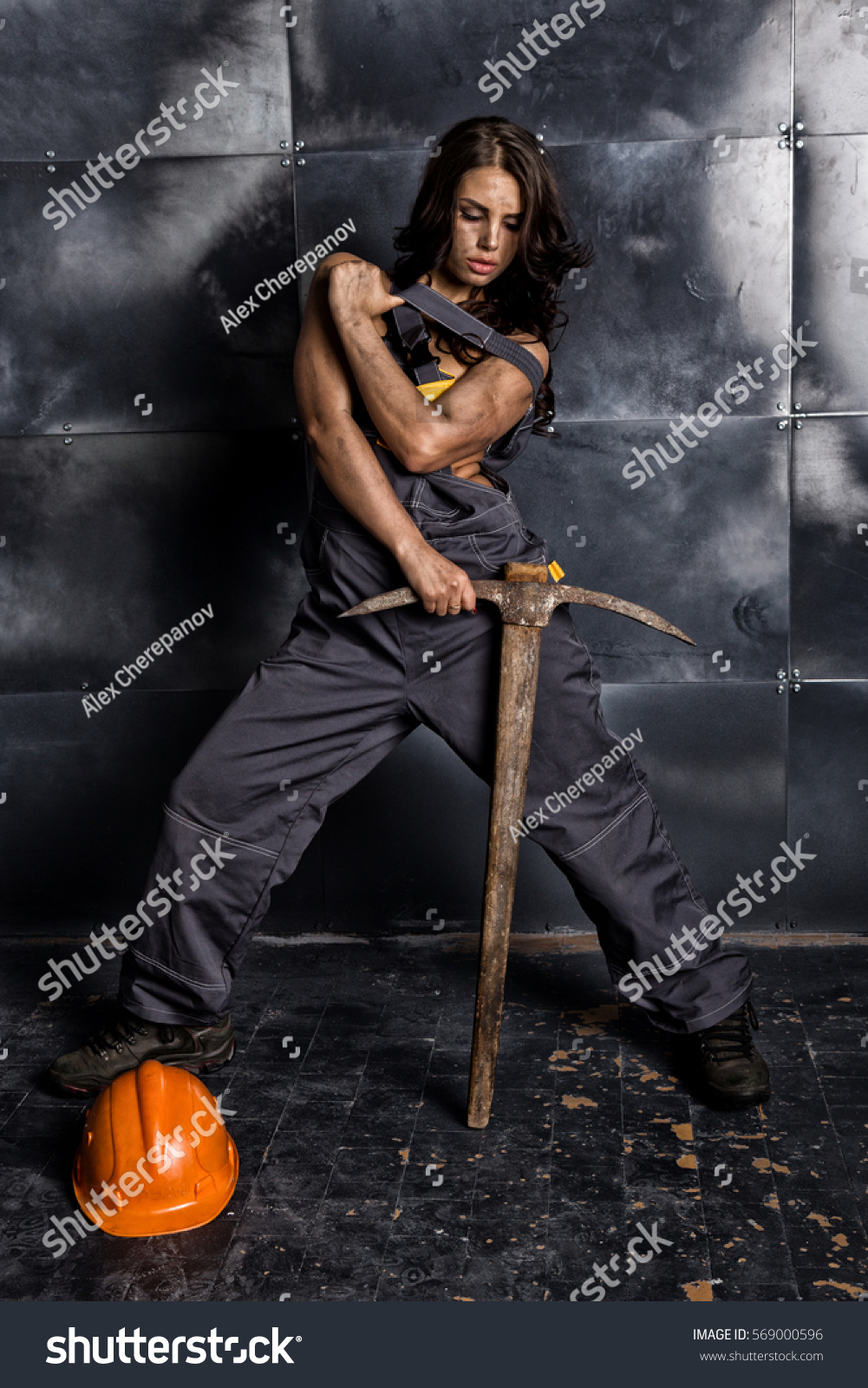 Стоковая фотография Sexy Female Miner Worker Pickaxe Coveralls Shutterstock