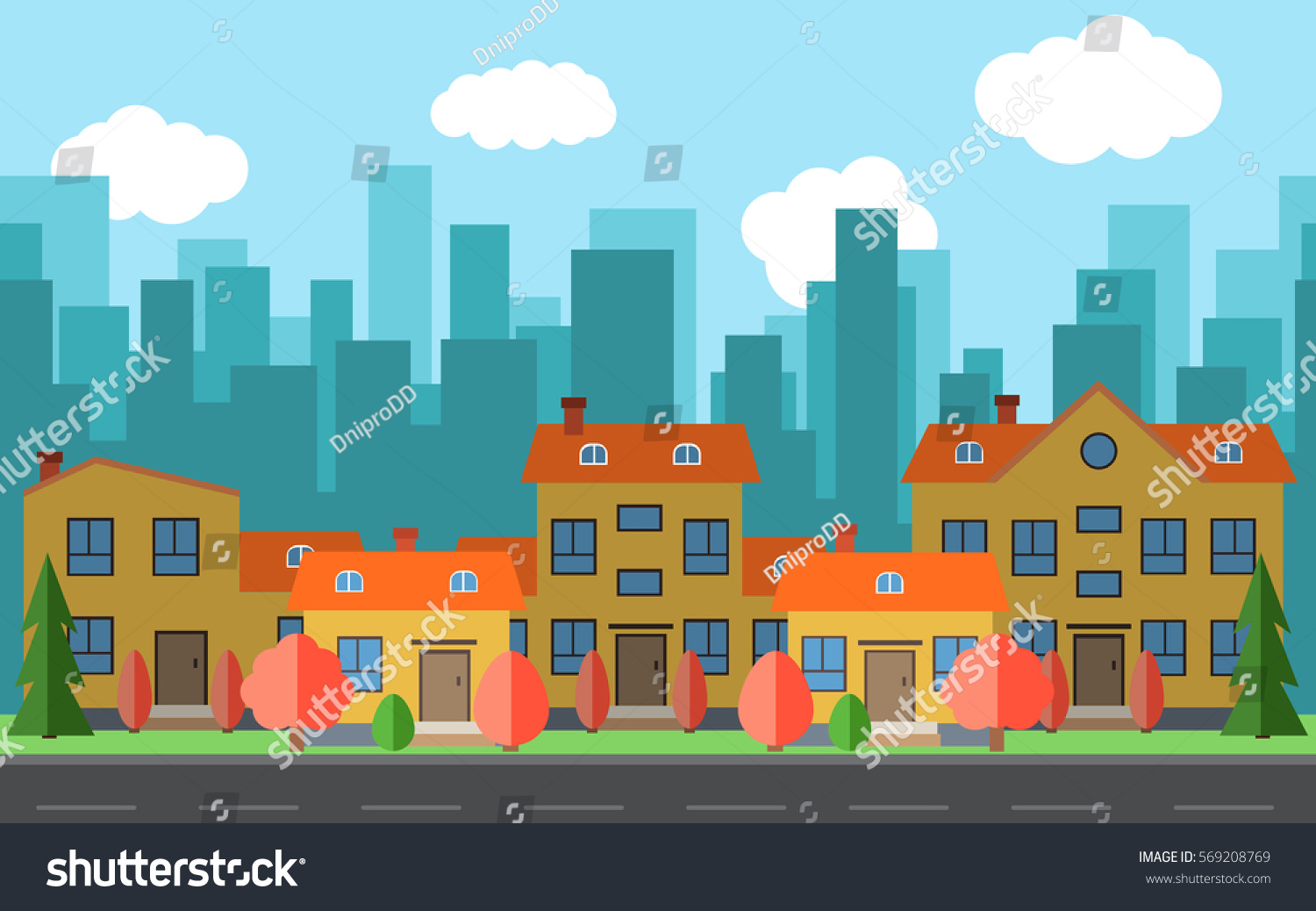 Vector City Cartoon Houses Buildings City Stock Vector (Royalty Free ...