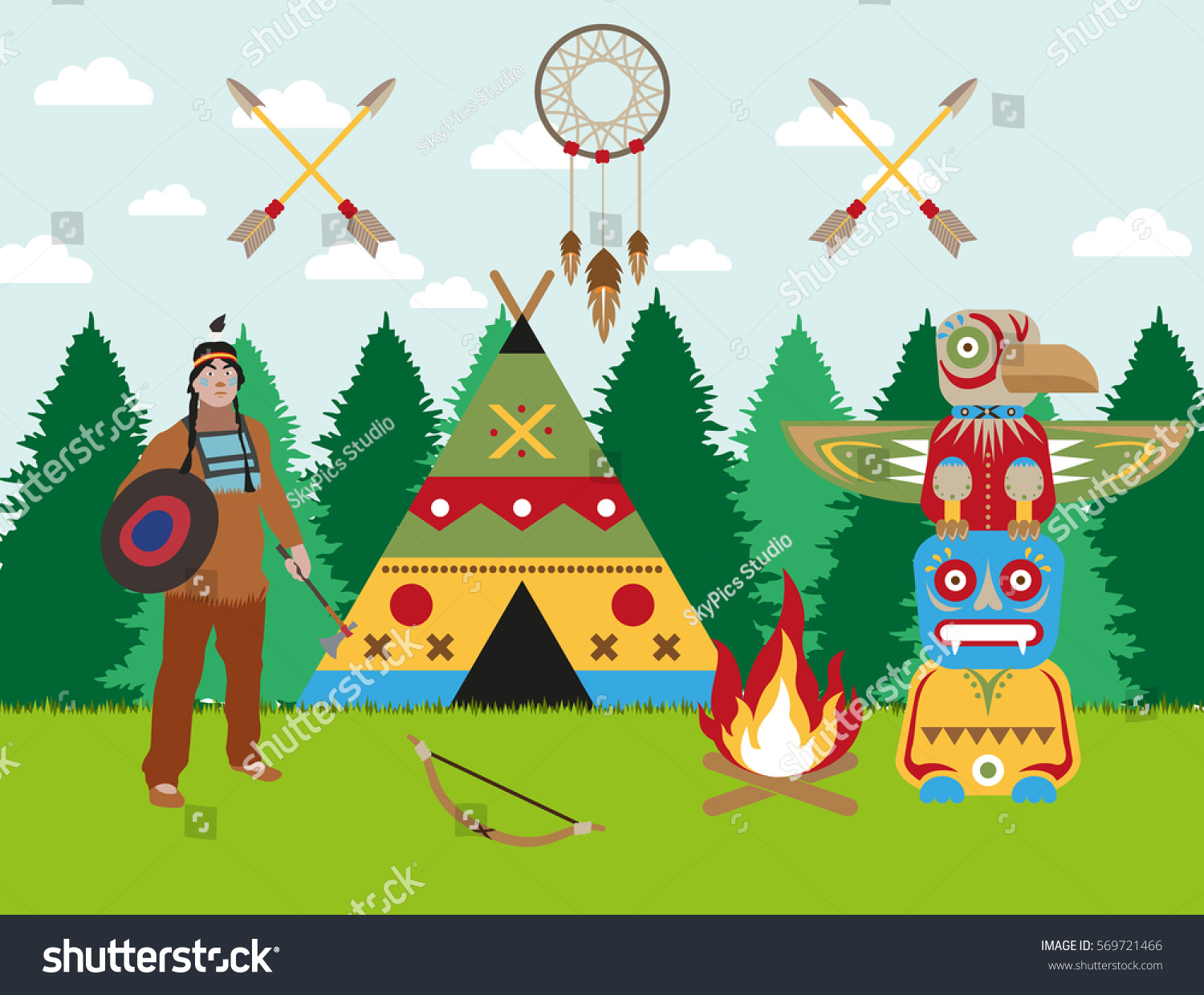 Traditional American Indian Forest Landscape Warrior Stock Illustration ...