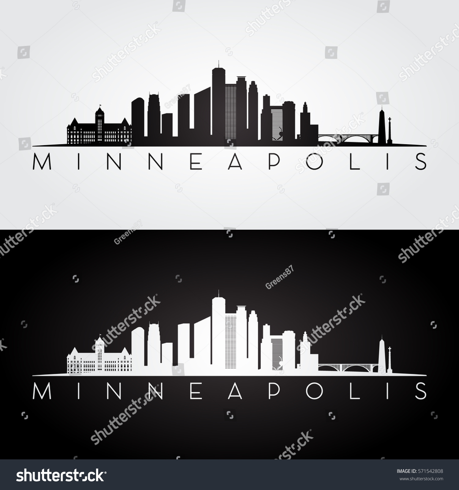 Minneapolis Usa Skyline Landmarks Silhouette Black Stock Vector ...