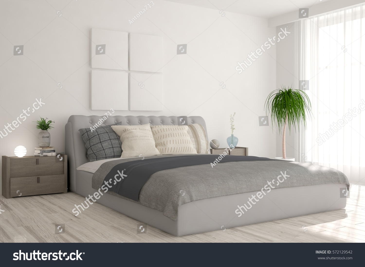 White Bedroom Scandinavian Interior Design 3d Stock Illustration ...