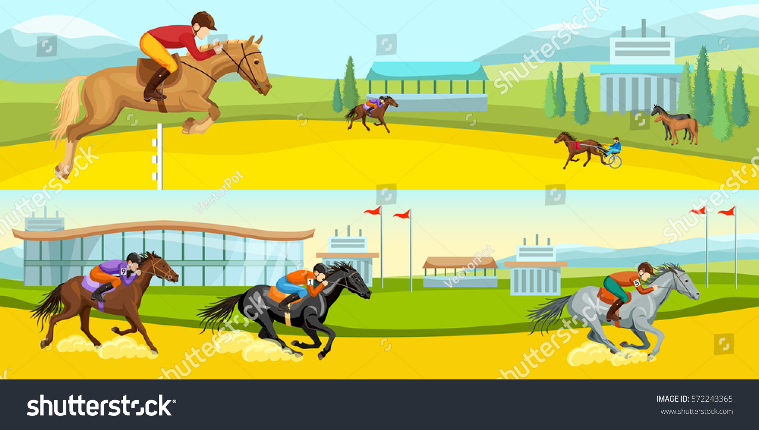 Equestrian Sport Cartoon Horizontal Banners Training Stock Vector ...