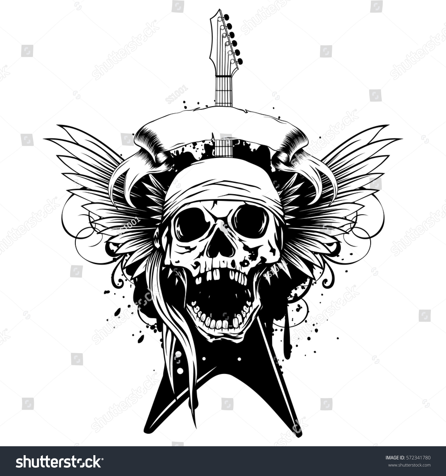 Vector Illustration Skull Bandana Electric Guitar Stock Vector (Royalty ...