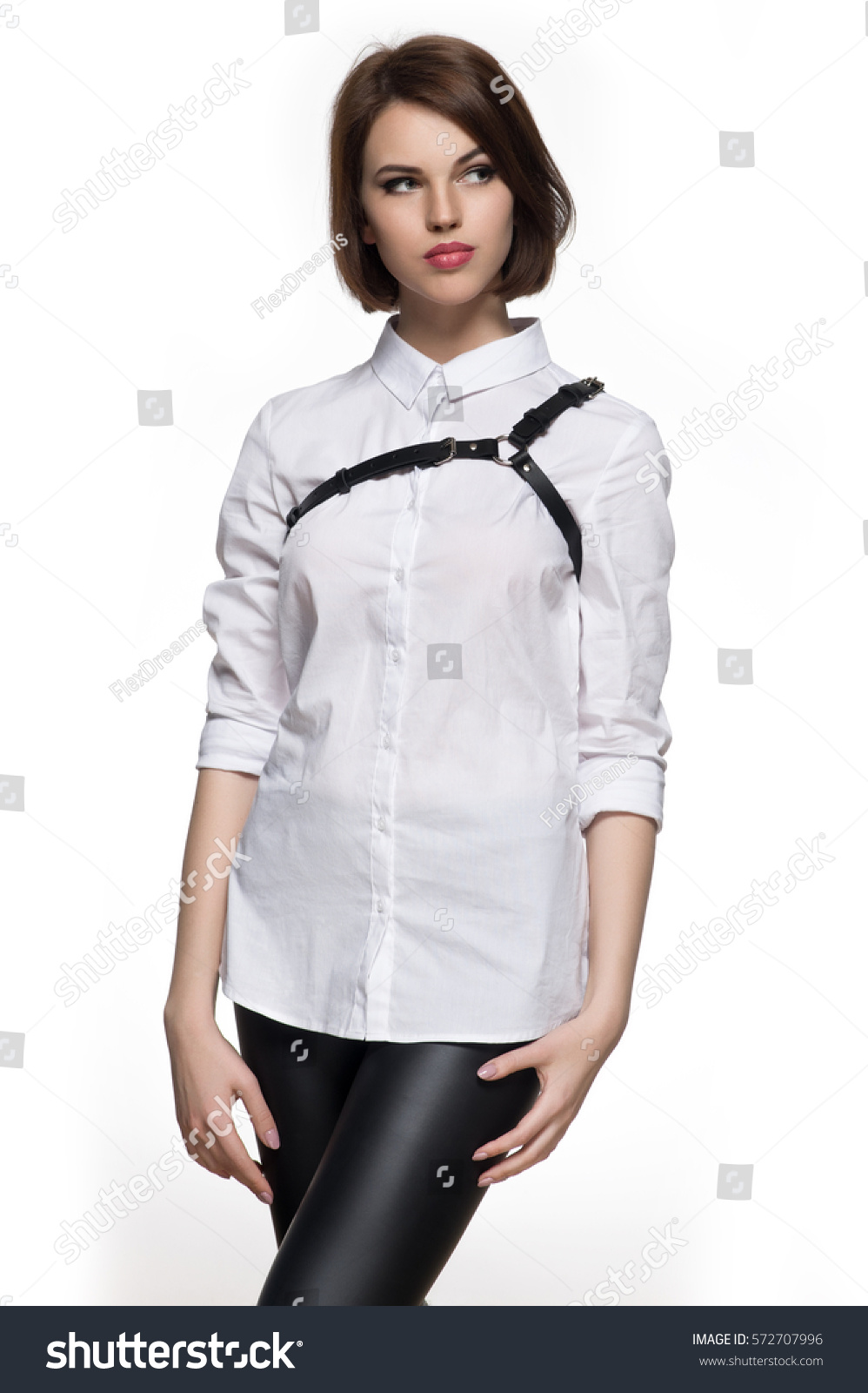 Young Fashion Woman Posing Leather Harness Stock Photo 572707996 ...