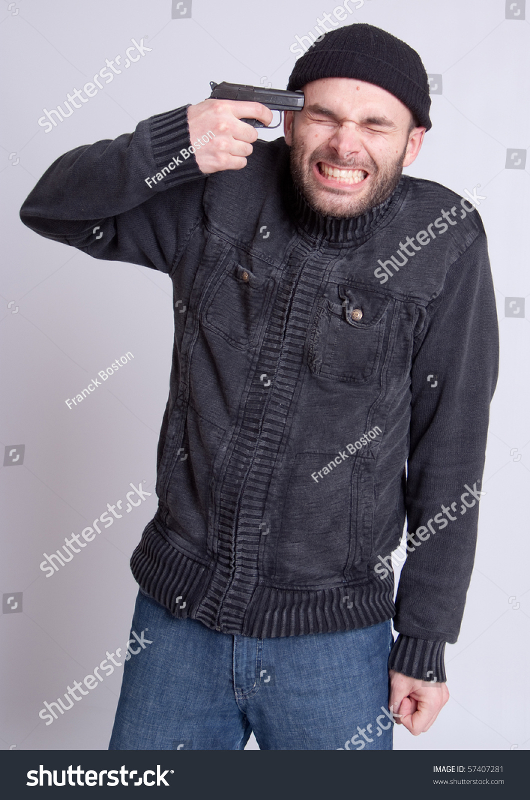 Young Scared Man Pressing Gun His Stock Photo 57407281 | Shutterstock