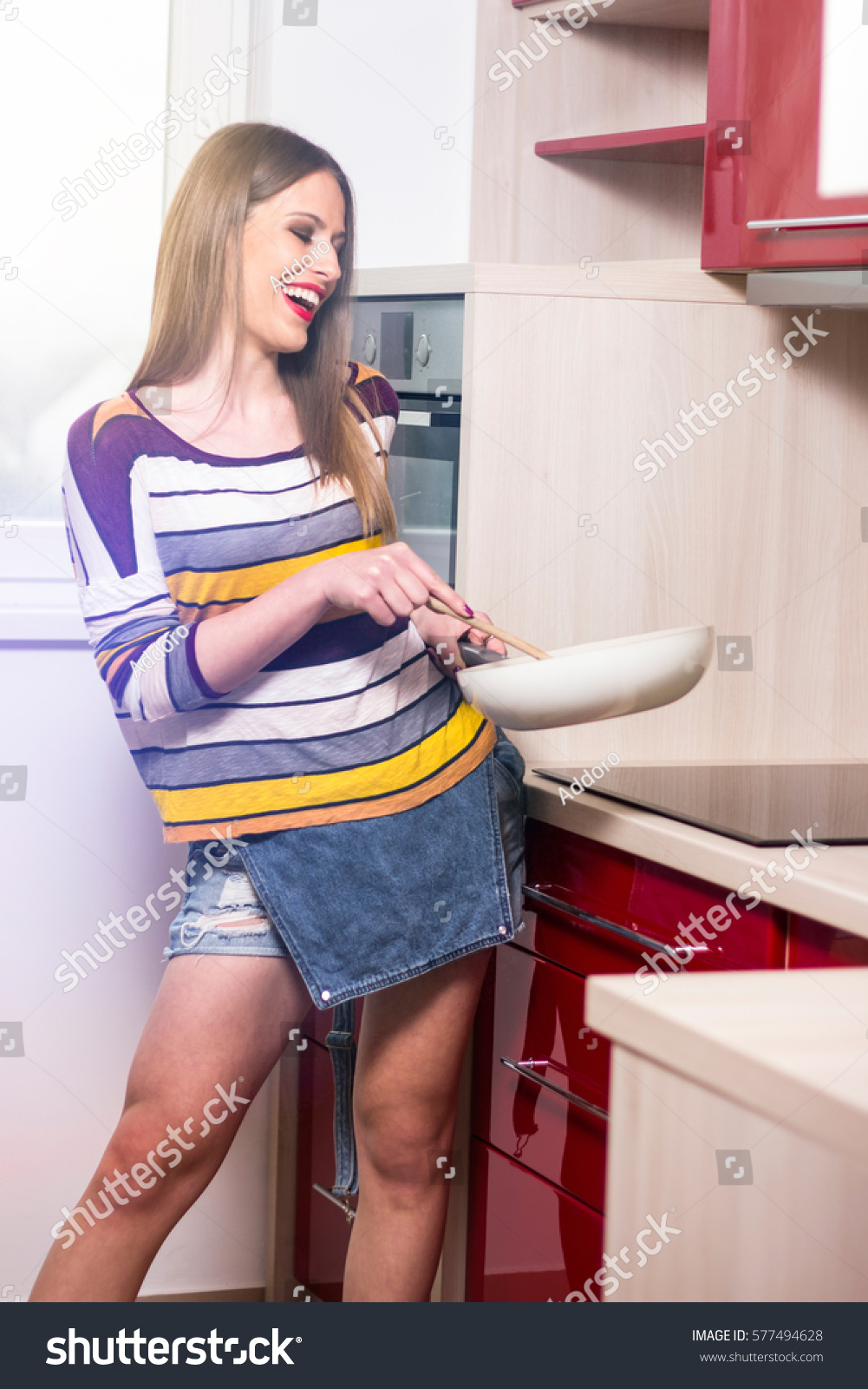 Beautiful Sexy Woman Kitchen Smiling Brunette Stock Photo