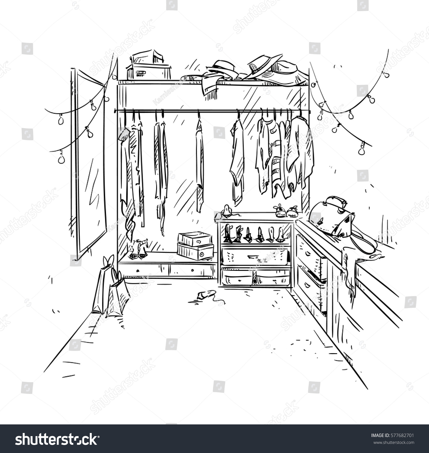 Набросок интерьера гардеробной комнаты карандашом