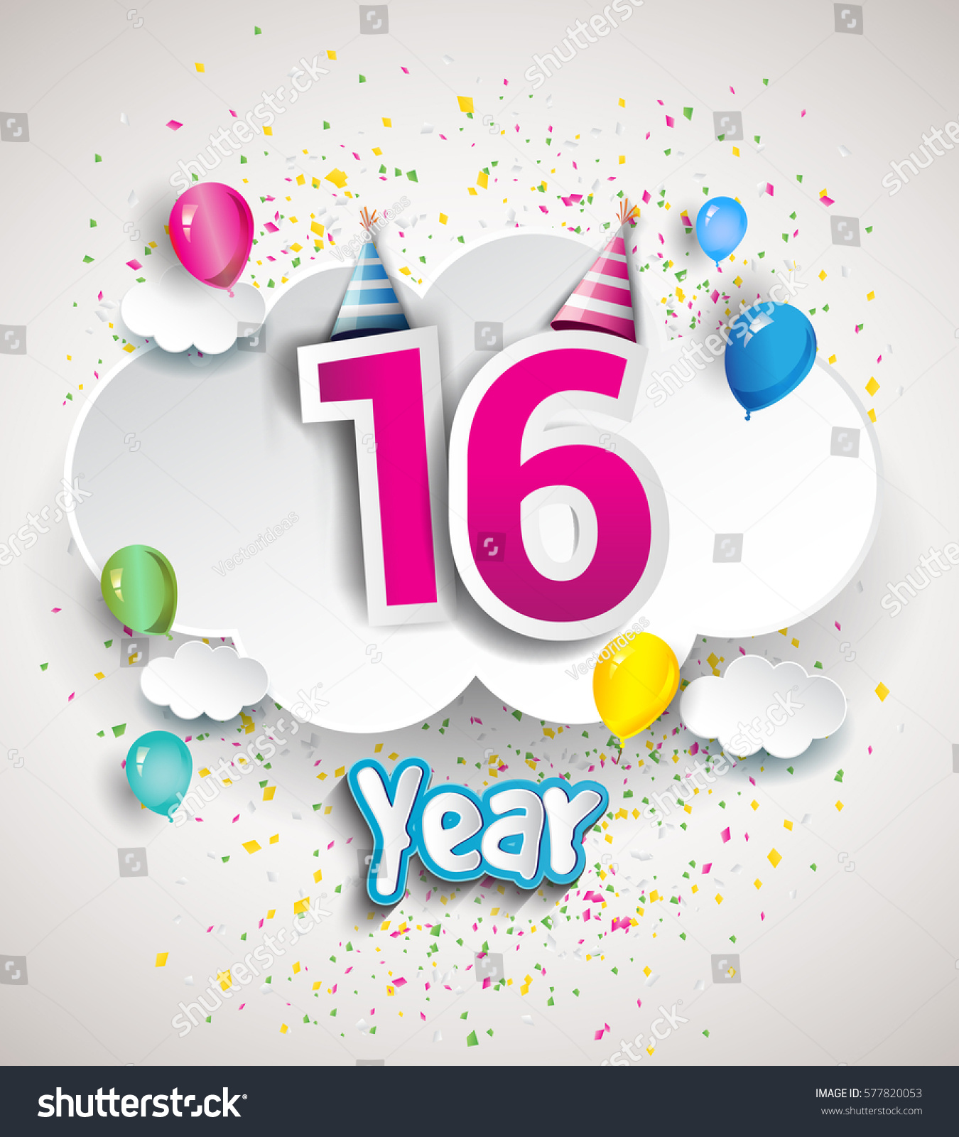 16th Anniversary Celebration Design Clouds Balloons Stock Vector ...