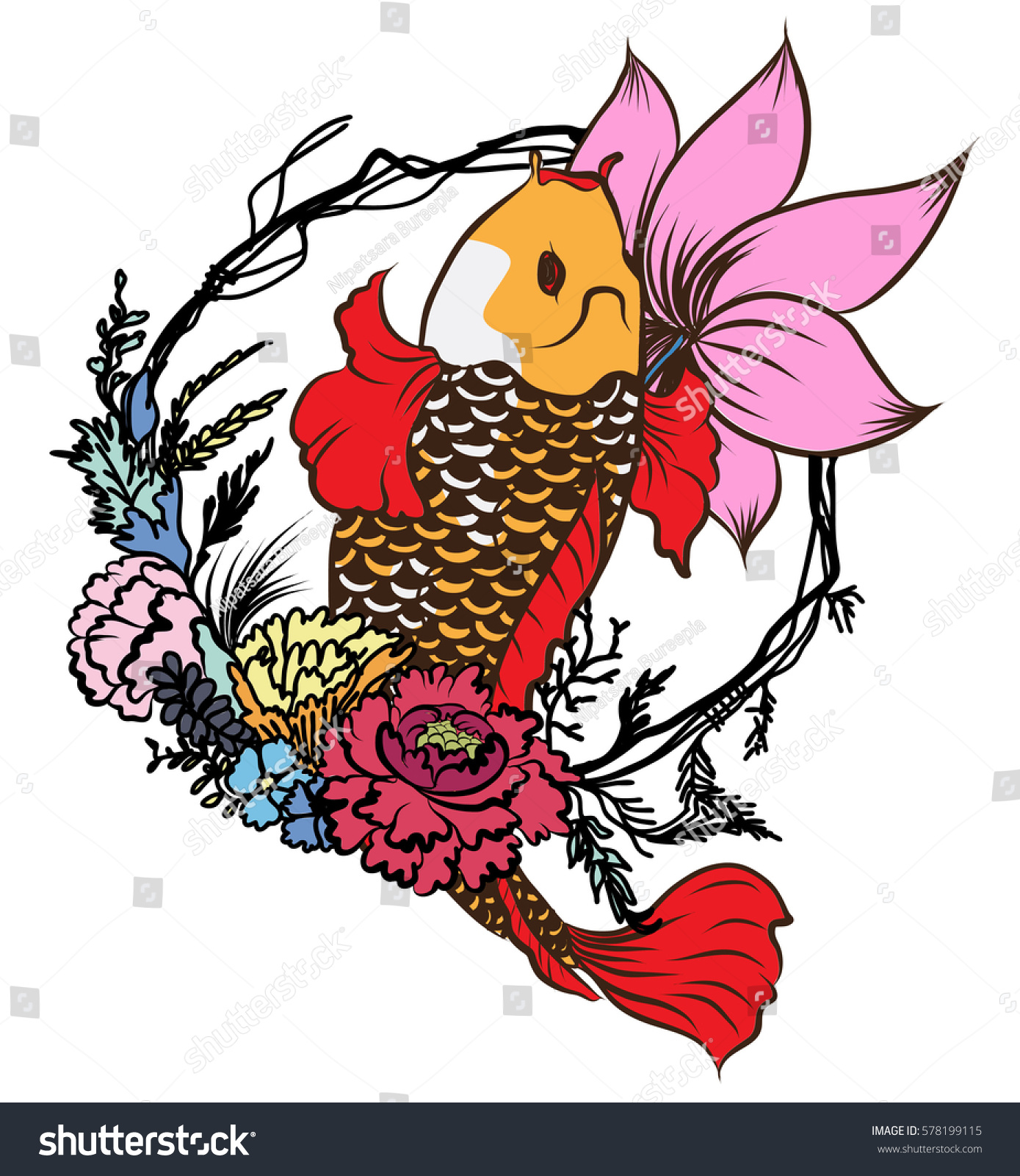 Hand Drawn Koi Fish Flower Tattoo Stock Vector (Royalty Free) 578199115 ...