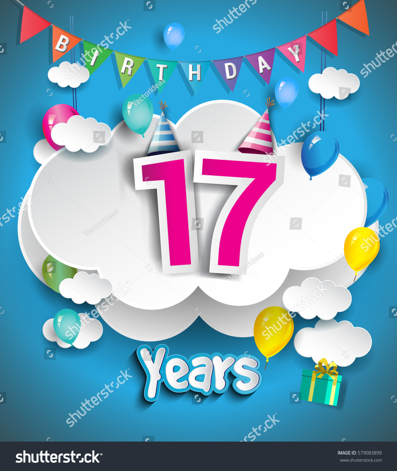 17th Anniversary Celebration Design Clouds Balloons Stock Vector ...