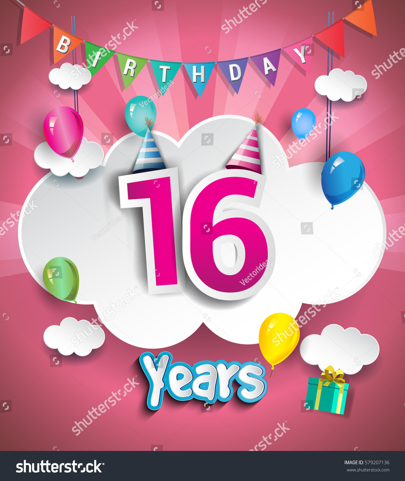 16th Anniversary Celebration Design Clouds Balloons Stock Vector ...
