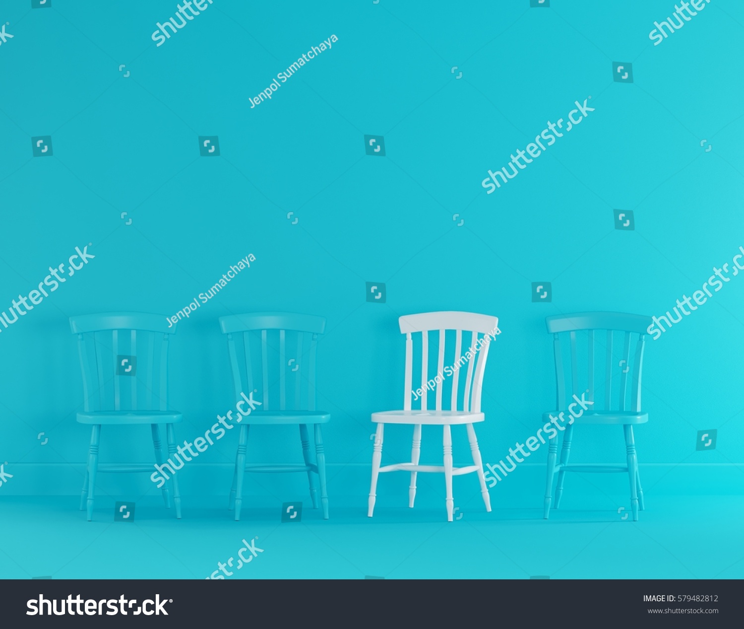 Modern White Chair Blue Chairs Standing Stock Photo 579482812   Stock Photo Modern White Chair And Blue Chairs Standing In Interior Empty Blue Room For Copy Space Minimal 579482812 