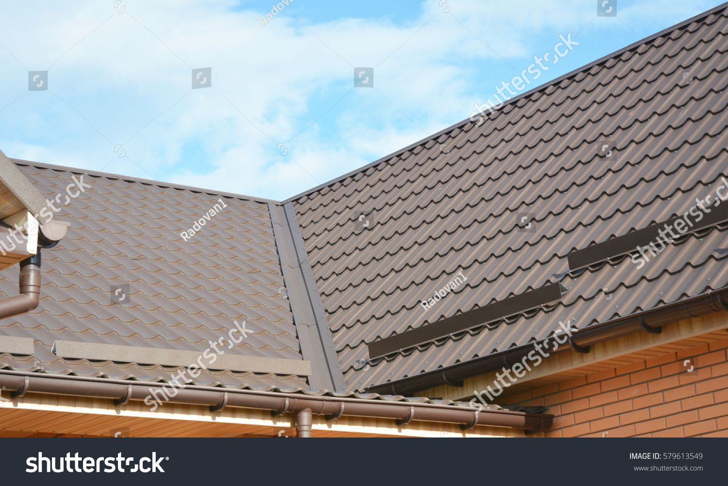 Stock Photo Problem Areas For House Metal Corner Roofing Construction Waterproofing Rain Gutter System And 579613549 