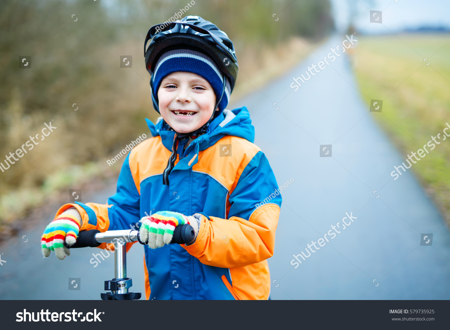 Cute Little School Kid Boy Riding Stock Photo 579735925 