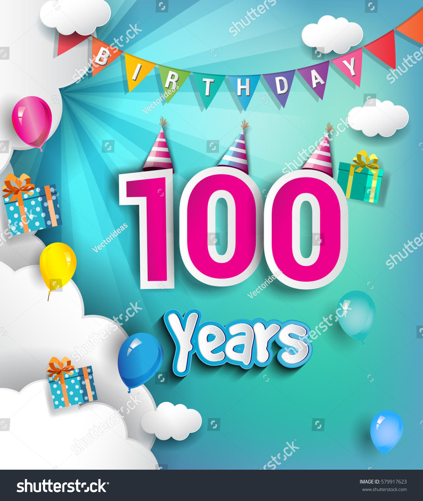 100th Anniversary Celebration Design Clouds Balloons Stock Vector ...