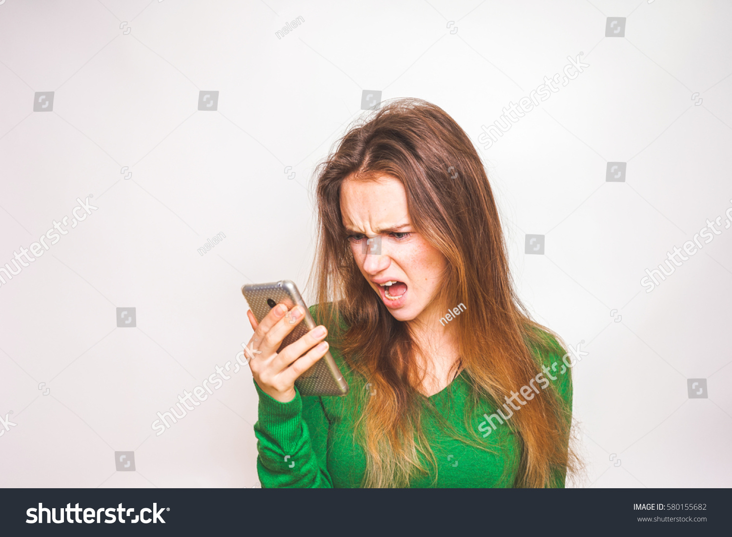 Scared Angry Woman Screaming Broken Mobile Stock Photo 580155682 ...