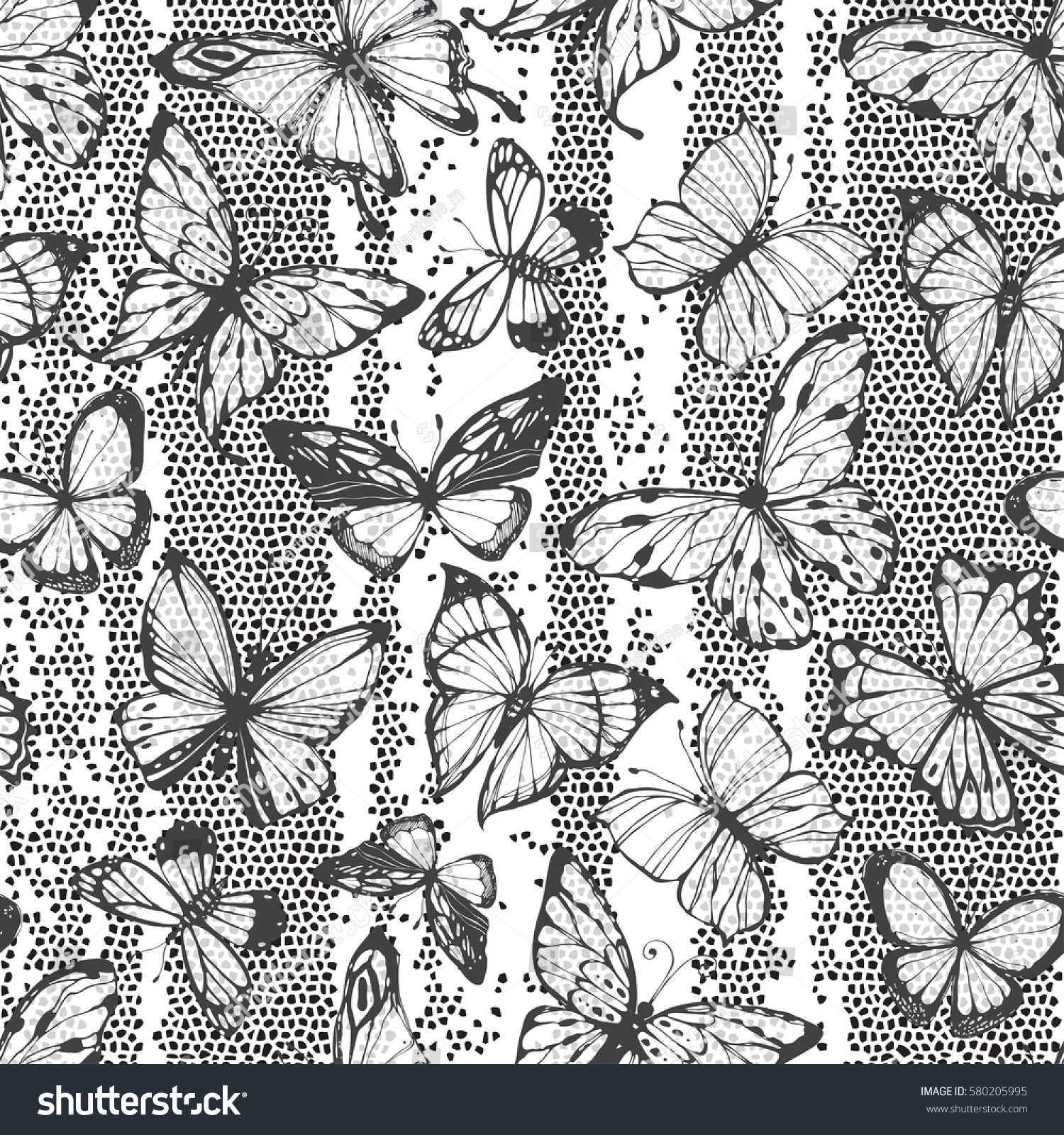 Seamless Monochrome Pattern Butterflies On Mosaic Stock Vector (Royalty